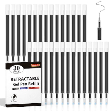 Retractable Gel Pen Refills, Shuttle Art 30 Pack Black Rollerball Gel Ink Pens Refills, Bulk Set, 0.7mm Fine Point for Writing Journaling Taking Notes School Office Home