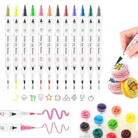Food Coloring Pens,12Pcs Double Sided Food Grade Edible Markers with Fine&amp;Thick Tip,Edible Gourmet Writer for Fondant,Desserts,Easter Eggs,Edible Markers for Cookie Food Coloring for Cake Decorating