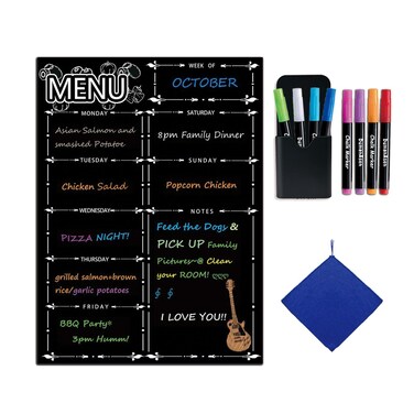 Magnetic Menu Board for Fridge, LiebHome Dry Erase Weekly Menu Planner/Family Calendar 16" x 12" with Grocery List and Notes (Black with 8 Markers)