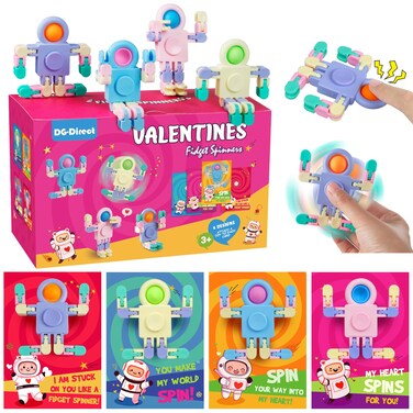 28 Pack Valentines Day Gifts for Kids, Valentines Day Cards with Astronaut-Shaped Finger Spinner POP Toys for Kids, Valentine School Classroom Exchange Prizes, Valentine Party Favor Toy Set