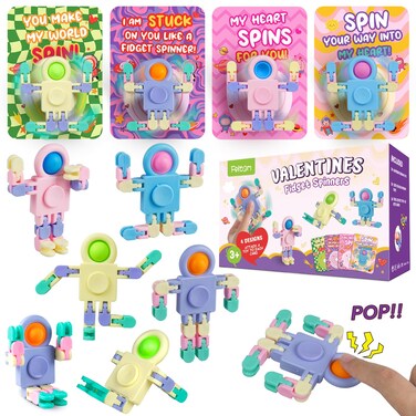 Feltom 28 PCS Chain Press Vent Spaceman - Valentines Cards for Kids Wacky Track Finger Fidget Sensory Stress Relief Toy - Valentine Exchange Prizes for Girls Boys School