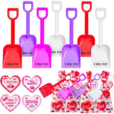 MGparty 24 Pack Valentines Day Plastic Toy Shovels with Cards, I Dig You Stickers, Gifts Bags Valentines Day Classroom Gift Exchange Supplies Party Favors for Kids
