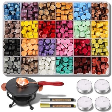 YIPLED Sealing Wax Kit, 728 Pcs Wax Seal Stamp Kit with 24 Color Wax Seal Beads, 2 Pens, Wax Seal Warmer, Wax Stamp Spoon and Candles for Gift &amp; Envelope Sealing, Wedding Invitation