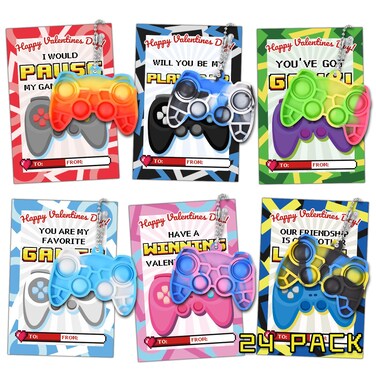 24 Packs Valentines Day Gifts for Kids, Mini Pop Fidget Keychain Valentines Day Gifts for Kids Classroom, Game Valentines Day Cards for Boys Girls School Classroom Exchange Gifts Party Favor