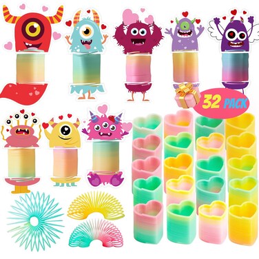 NAISEN 32 PACK Valentines Day Cards for Kids with Rainbow Springs, Stress Relief Coil Springs Toys with 8 Designs Valentines Cards Gifts for Kids Classroom School Exchange