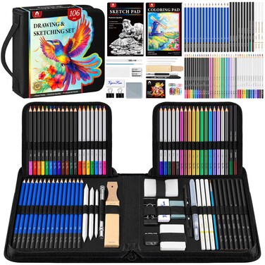 106 PCS Art Supplies Sketching Kit, Pro Drawing Pencils with 3-Color Sketchbook, Coloring Book, Colored Graphite Charcoal Watercolor &amp; Metallic Pencils, Drawing Supplies Gifts for Artists Adults Kids