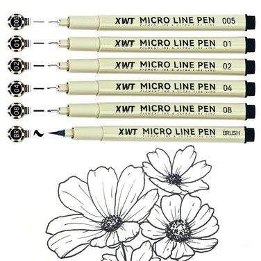 XWT Micro Fineliner Pens 6 Size/Set, Ultra Fine Fineliner Pen, Brush Marker Pen, Water-based Black Pigment Ink, Drawing Journaling Doodle Supplies for Artists, Designers, Students