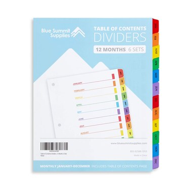 Blue Summit Supplies 12 Month Dividers for Binders, Jan to Dec Monthly Tabs, Includes Customizable Table of Contents Index, 6 Sets