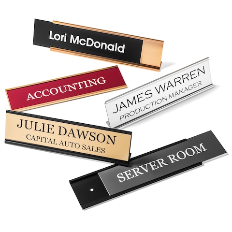 Providence Engraving Personalized Desk Name Plates - Custom Office Wall or Desk Name Plates With Aluminum Holder With Two Lines of Laser Engraved Text, 2&quot; x 8