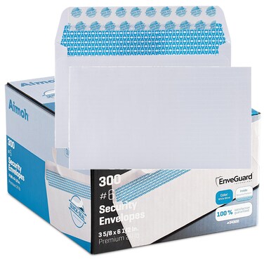 Aimoh 300#6 3/4 Security Tinted Self-Seal Envelopes - No Window, EnveGuard, Size 3-5/8 X 6-1/2 Inches - White - 24 LB - 300 Count (34300)