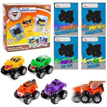 JOYIN 16 Pack Valentines Day Pull Back Monster Truck Toys with Gift Cards for Kids, Valentine's Classroom Exchange Prizes Valentine Party Favor Toys