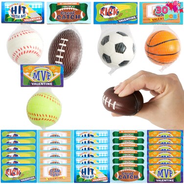 JOYIN 30 Pack Kids Valentines Day Gift Cards with Gift Mini Sports Ball Figure Stress Balls Squeeze Foam Balls for Classroom Exchange Prizes, Stress Relief / Anxiety Relief, Valentine Party Favor Toys