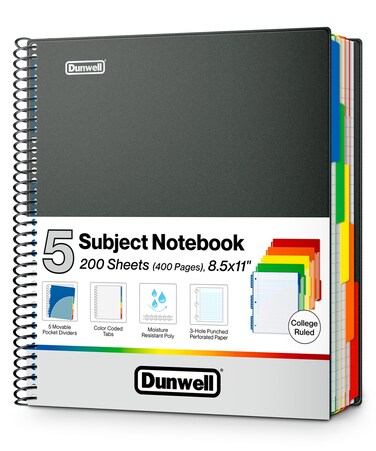 Dunwell 5-Subject Notebook College Ruled 8.5 x 11, 200 Sheets (400 Pages), Spiral Notebook 8.5x11 with Tabs, Movable Pocket Dividers, Front/Back Plastic Covers, Multi Subject Notebook