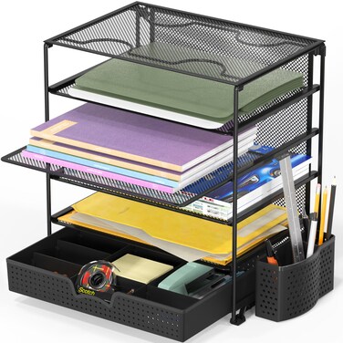 Simple Houseware 5-Tier Document File Tray with Supplies Sliding Drawer and Pen Bucket, Black