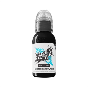 World Famous Tattoo Ink Limitless - Midtone Greywash - Professional Tattoo Ink &amp; Tattoo Supplies - Skin-Safe Permanent Tattooing in Bold Shades - Vegan &amp; Non-Toxic (1 oz)