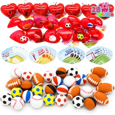 JOYIN 28 PCS Valentines Day Cards for Kids, Sports Balls Erasers Filled Hearts and Valentine Cards Gifts for Kids Classroom Exchange Prizes