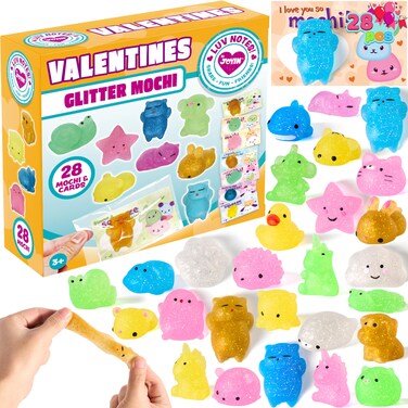 JOYIN 28 Packs Valentine's Day Gift Cards with Glitter Mochi Squishy Toys to Squeeze, Kawaii Stress Relief Fidget Toy for Kids Classroom Exchange Prizes, Valentine Party Favor
