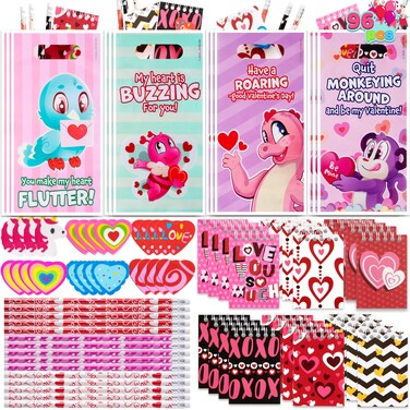 JOYIN 96 Valentines Day Stationery Gifts, Party Favor with Pencil, Erasers, Notebook &amp; Bags for Kids School Classroom Exchange Supplies