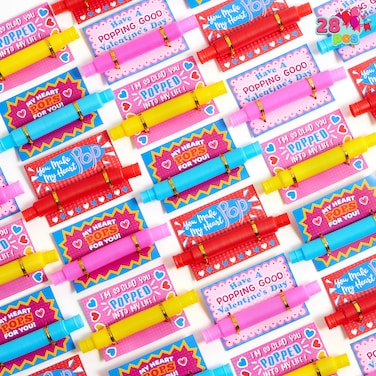 JOYIN 28 Packs Valentines Cards with Pop Tubes for Kids, Pop Tubes with Gift Cards Set, Stretchy Stress Relief Fidget Toys for Kids Classroom Valentine's Day Party Favors Classroom Gifts