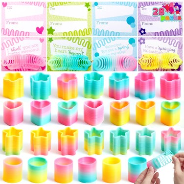 JOYIN 28 Packs Rainbow Springs with Valentine's Day Cards, Bright Colors Coil Spring Toy Bulk, Stress Relieve Anxiety Toys for Kids Birthday Gift, Game Prizes and Party Favors