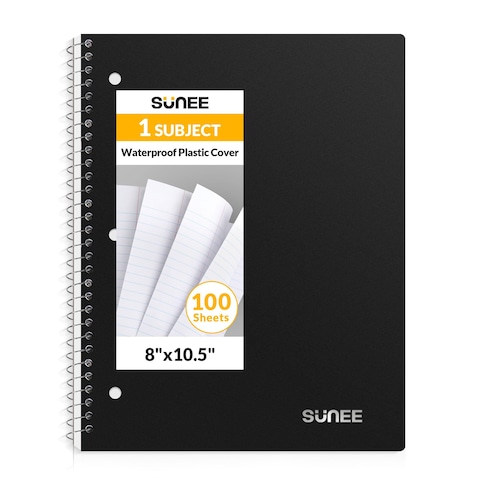 SUNEE Spiral Notebook, 1-Subject, College Ruled Paper, 8&quot; x 10-1/2&quot;, 100 Sheets per Notebook, 3-Hole Punched Paper, Water Resistant Cover, Double-sided Pockets, Spiral Lined Notebooks for Work, Black