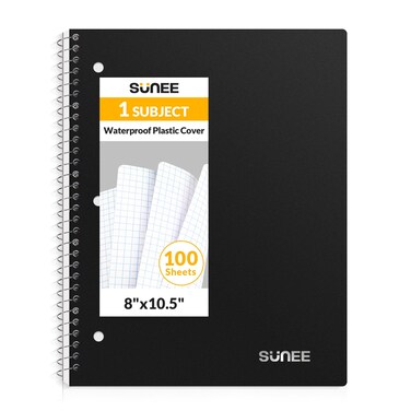 SUNEE Spiral Notebook, 1-Subject, Graph Ruled Paper, 8" x 10-1/2", 100 Sheets per Notebook, 3-Hole Punched Paper, Water Resistant Cover, Spiral Grid Notebooks for Work, Home, School, Writing, Black