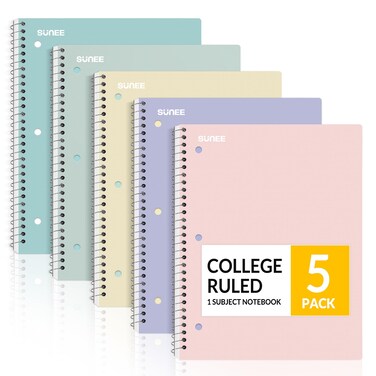SUNEE Spiral Notebooks, 1-Subject, 5 Pack, College Ruled Paper, 8" x 10-1/2", 70 Sheets per Notebook,3-Hole Punched Paper, Pink,Purple, Blue, Green, Yellow Spiral Lined Notebooks for School,Work