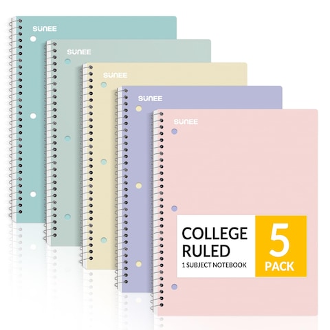 SUNEE Spiral Notebooks, 1-Subject, 5 Pack, College Ruled Paper, 8&quot; x 10-1/2&quot;, 70 Sheets per Notebook,3-Hole Punched Paper, Pink,Purple, Blue, Green, Yellow Spiral Lined Notebooks for School,Work
