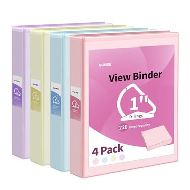 SUNEE 3 Ring Binder 1 Inch D Ring, Clear View Binder Three Ring PVC-Free (Fit 8.5x11 Inches) for School Binder or Office Binder Supplies, Assorted Pastel Binder, 4 Pack