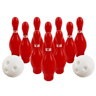 4E's Novelty Valentines Day Bowling Game Set - 10 Red Pins, 2 Balls, Indoor/Outdoor Backyard Carnival Game, Classroom Valentine's Party Games Galentines Activity for Kids Adults
