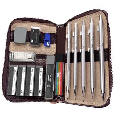 Mr. Pen- Metal Mechanical Pencil Set in Leather Case, 5 Sizes, 0.3, 0.5, 0.7, 0.9, 2mm, mechanical pencils, Sketching Pencils, Drafting Pencil, Christmas Gift