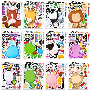 JOYIN 24PCS 9"x6" Make a face Stickers for Kids, Make Your Own Stickers, Mix and Match with Safaris Sea Farm and Dinosaur Animals, Party Favors Kids Crafts, Goodie Bags Stuffers