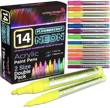 14 Pack Neon UV Fluorescent Acrylic Paint Pens, Double Pack of Both Extra Fine and Medium Tip Paint Markers, for Rock Painting, Mug, Ceramic, Glass, and More, Water Based Non-Toxic and No Odor