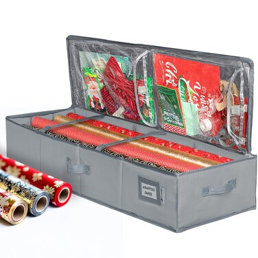 Premium Wrapping Paper Storage Container -Durable Material 600D tear-proof - Fits up to 27 Paper Rolls -Extra Pockets for Ribbons &amp; Bows. Underbed Gift Wrap Organizer, Ideal for Holiday Christmas, etc