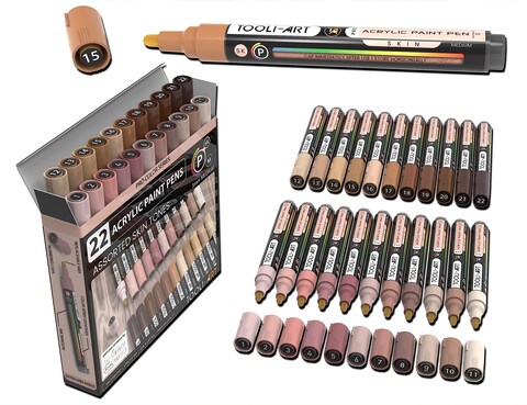 TOOLI-ART 22 Acrylic Paint Markers Paint Pens Pro Color Series Set 3mm Medium Tip for Rock Painting, Glass, Mugs, Wood, Metal, Glass Paint, Canvas, DIY. Non Toxic, Waterbased, Quick Drying (SKIN)