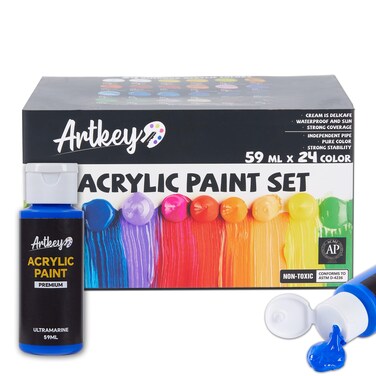 Artkey Acrylic Paint Set - 24 colors 2 oz/59 ml Acrylic Paints Professional Artists Painting Kit for Canvases Fabric Rock Leather Easter Egg Wood Ceramic Glass Art Craft Painting