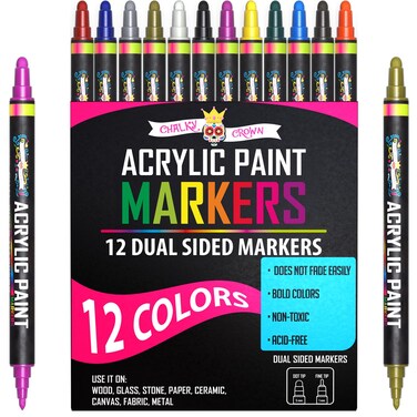 Acrylic Paint Markers Dual Tip (12 Pack) - Acrylic Markers Paint Pens for Rocks - Bold Acrylic Paint Pens Fine Tip and Dot Tip - Fabric Makers Permanent for Clothes Water Based Markers - Chalky Crown