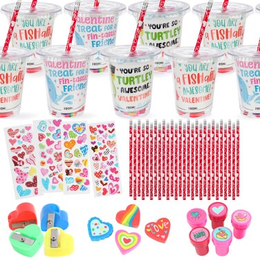 30-Pack Valentine's Day Gifts for Kids - Stationary and Cup Set with Valentines Day Cards for Kids School Classroom - Valentines for Kids Class - Party Favors