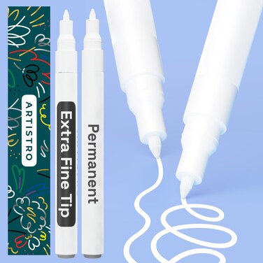 ARTISTRO 2 White Permanent Marker - Waterproof Markers for Fabric, Rocks, Glass, Wood, Paper - Oil Based Paint Pens - Extra-Fine Tip 0.7mm