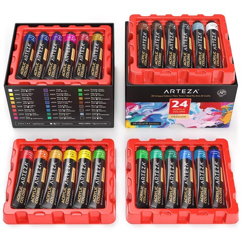 ARTEZA Acrylic Paint Set of 24 Tubes (0.74 oz, 22 ml) Non Toxic Acrylic Artist Paints, Heavy Body Acrylic Paint Art Supplies for Canvas Painting