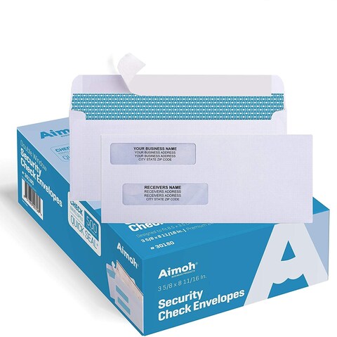 Aimoh 500#8 Double Window Self Seal Security Envelopes - for Business Checks, QuickBooks &amp; Quicken Checks, Size 3 5/8 x 8 11/16 Inches - Checks Fit Perfectly - Not for Invoices, 500 Count (30180)