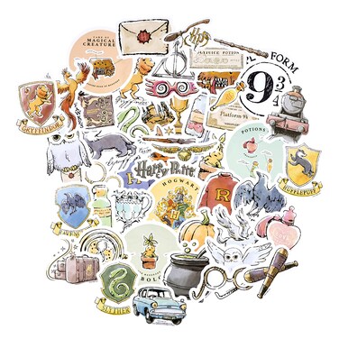Conquest Journals Harry Potter Watercolor Vinyl Stickers, Set of Unique Sticker Decals, 5 Holograms, Waterproof, UV &amp; Scratch Resistant, Great for Gadgets, Officially Licensed (White Vinyl, 60-Pack)