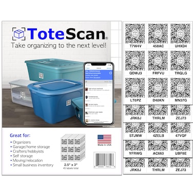 ToteScan Intelligent QR Labels for Organization/Moving/Storage (45 Unique Labels, 2.5"x3")