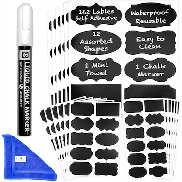 Chalkboard Labels for Jars 162pcs - Waterproof Reusable Chalk Sticker Labels for Containers Storage Jars - 12 Unique Shapes &amp; 3 Sizes Includes Erasable Liquid Chalk Marker &amp; Mini Towel (Pack of 162)