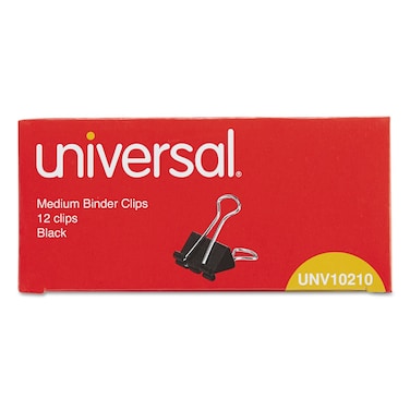 Universal 10210 Medium Binder Clips, 5/8" Capacity, 1 4" Wide, Black, 12/Box