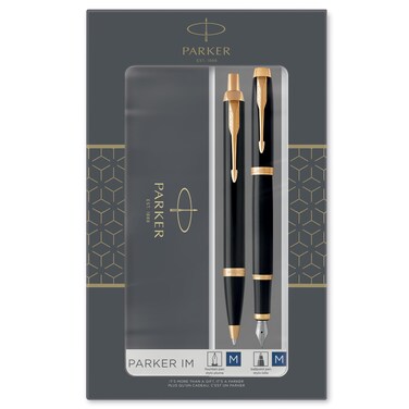 Parker IM Duo Gift Set with Ballpoint Pen &amp; Fountain Pen, Gloss Black with Gold Trim, Blue Ink Refill &amp; Cartridge, Gift Box