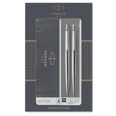 Parker Jotter Duo Gift Set with Ballpoint Pen &amp; Mechanical Pencil (0.5mm)   Stainless Steel with Chrome Trim   Blue Ink Refill