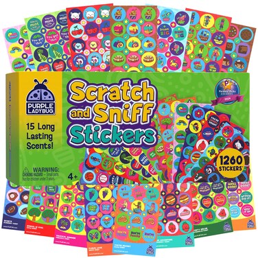 Purple Ladybug Smelly Stickers for Kids and Teachers, 1260 Scratch and Sniff Stickers with 15 Unique Scents, Fun Reward Stickers for Classrooms