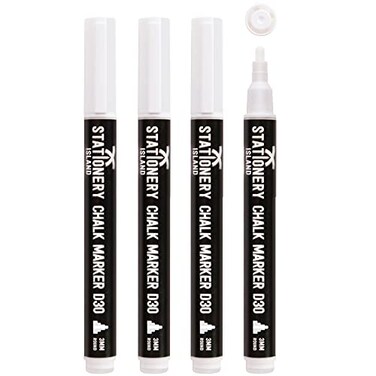 Stationery Island Liquid Chalk Pens White Markers for Blackboards Dry Erase Chalk Marker Pens Wipeable for Chalkboard, Window, Glass, Signs and Mirrors - 3mm Fine Bullet Nibs (White Pack of 4)