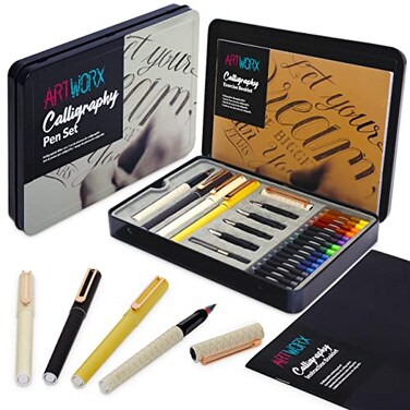 Artworx Calligraphy Pens Set - Introductory Caligraphy Writing &amp; Hand Lettering Kit - Includes Instructions, Guide Book and Practice Book - Calligraphy Set For Beginners